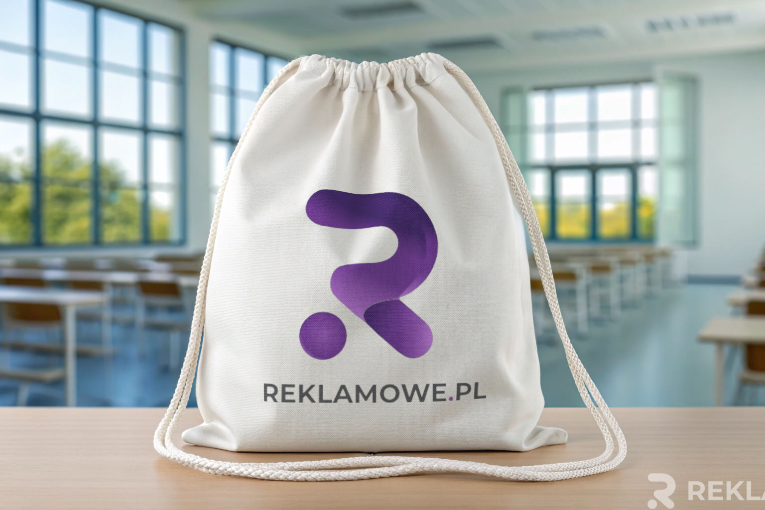 Kolorowe worki reklamowe ułożone na stole