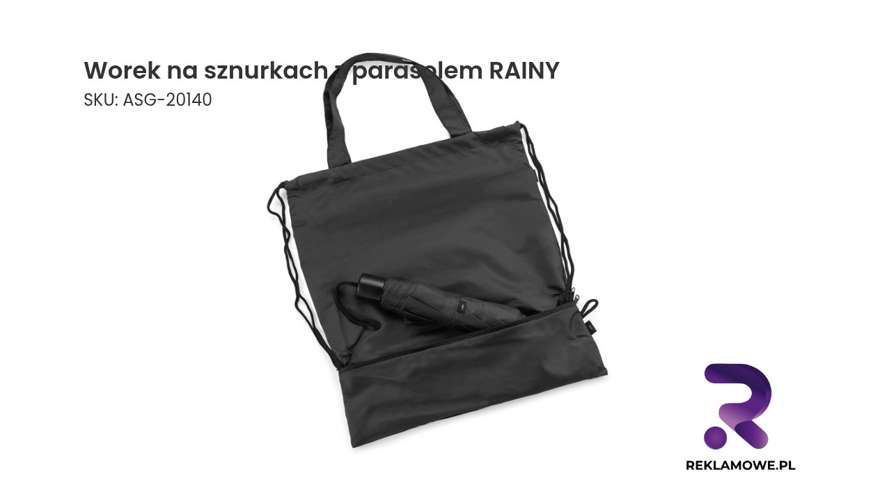 Worek na sznurkach z nadrukowanym parasolem oznaczonym jako RAINY